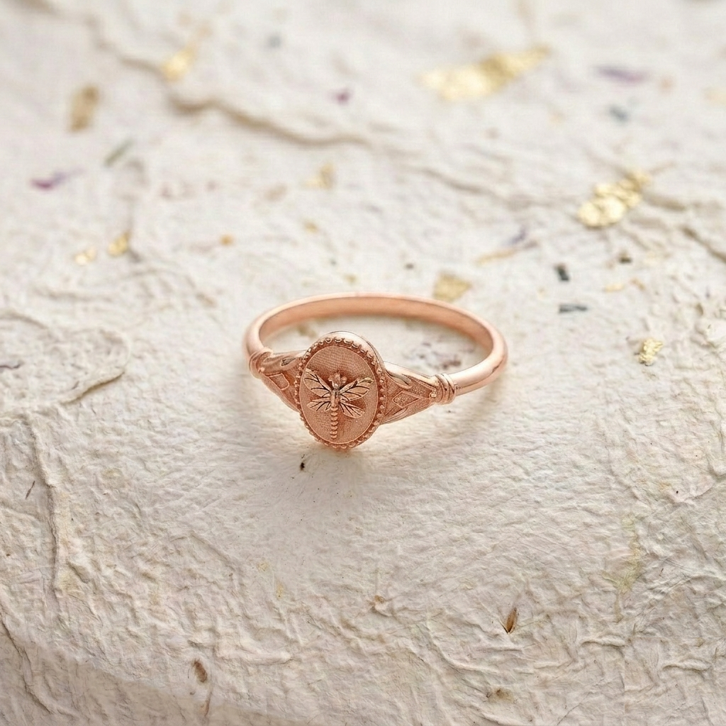 Gold Dragonfly Ring, Dainty Oval Signet Ring, 925 Sterling Silver Nature Inspired Jewelry, Minimalist Insect Ring, Statement Gift for Her - Image 2