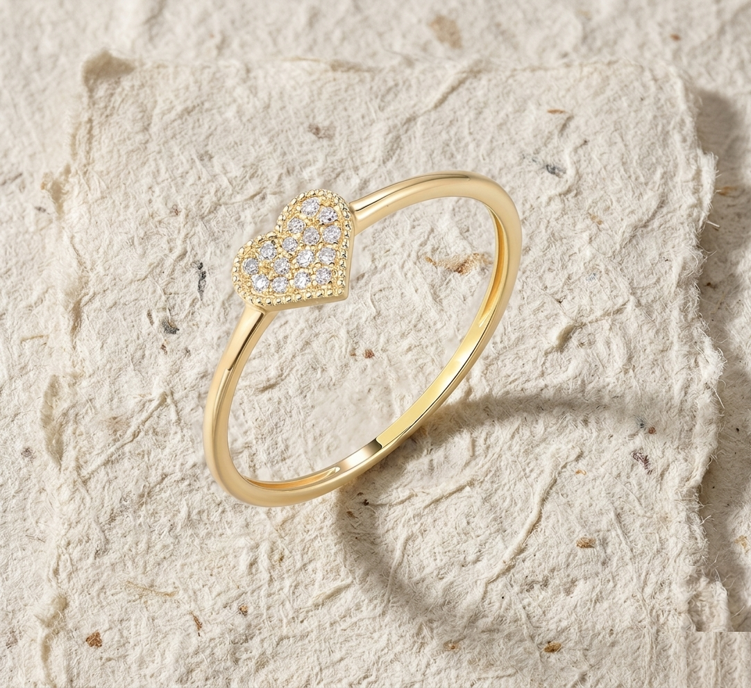 Pave Heart Ring in Over Sterling Silver, Minimalist Cubic Zirconia Simulant Heart Band, Dainty Promise Ring for Her, Romantic Gift for Wife