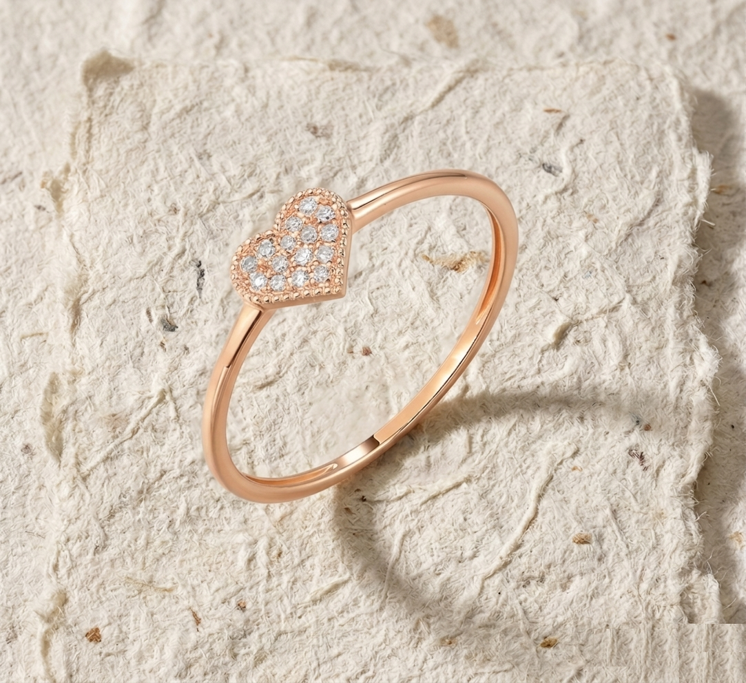 Pave Heart Ring in Over Sterling Silver, Minimalist Cubic Zirconia Simulant Heart Band, Dainty Promise Ring for Her, Romantic Gift for Wife - Image 2
