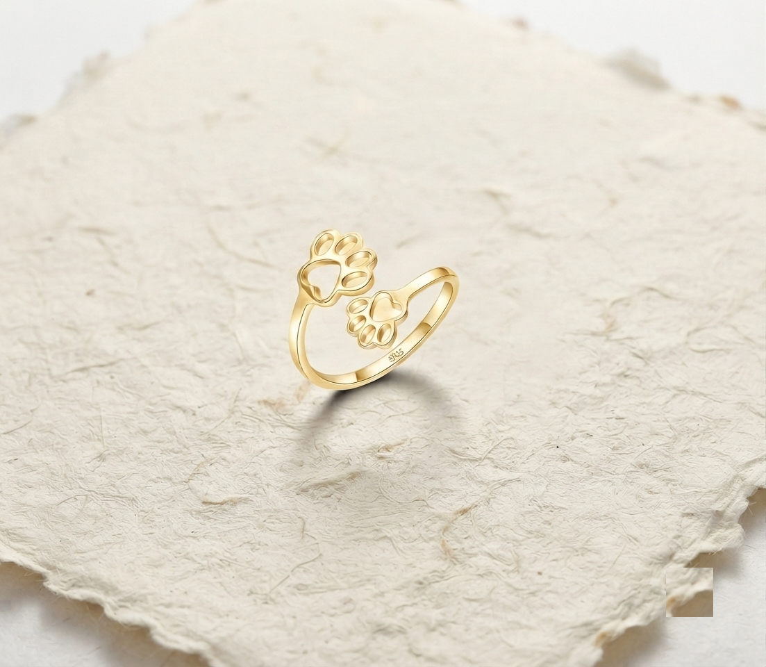 Dainty Paw Print Ring, 925 Sterling Silver Adjustable Cat Dog Paw Open Ring, Minimalist Animal Lover Jewelry, Cute Pet Memorial Gift