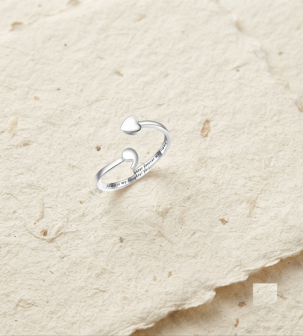 925 Sterling Silver Dainty Heart & Semicolon Adjustable Open Ring, Minimalist Mental Health Awareness Jewelry, Always My Daughter Forever - Image 4