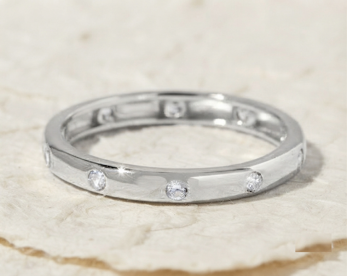 925 Sterling Silver Flush Set Band, Minimalist Stacking Ring, Round CZ Stone Eternity Ring, Dainty Everyday Jewelry, Low ProfileWedding Band - Image 4
