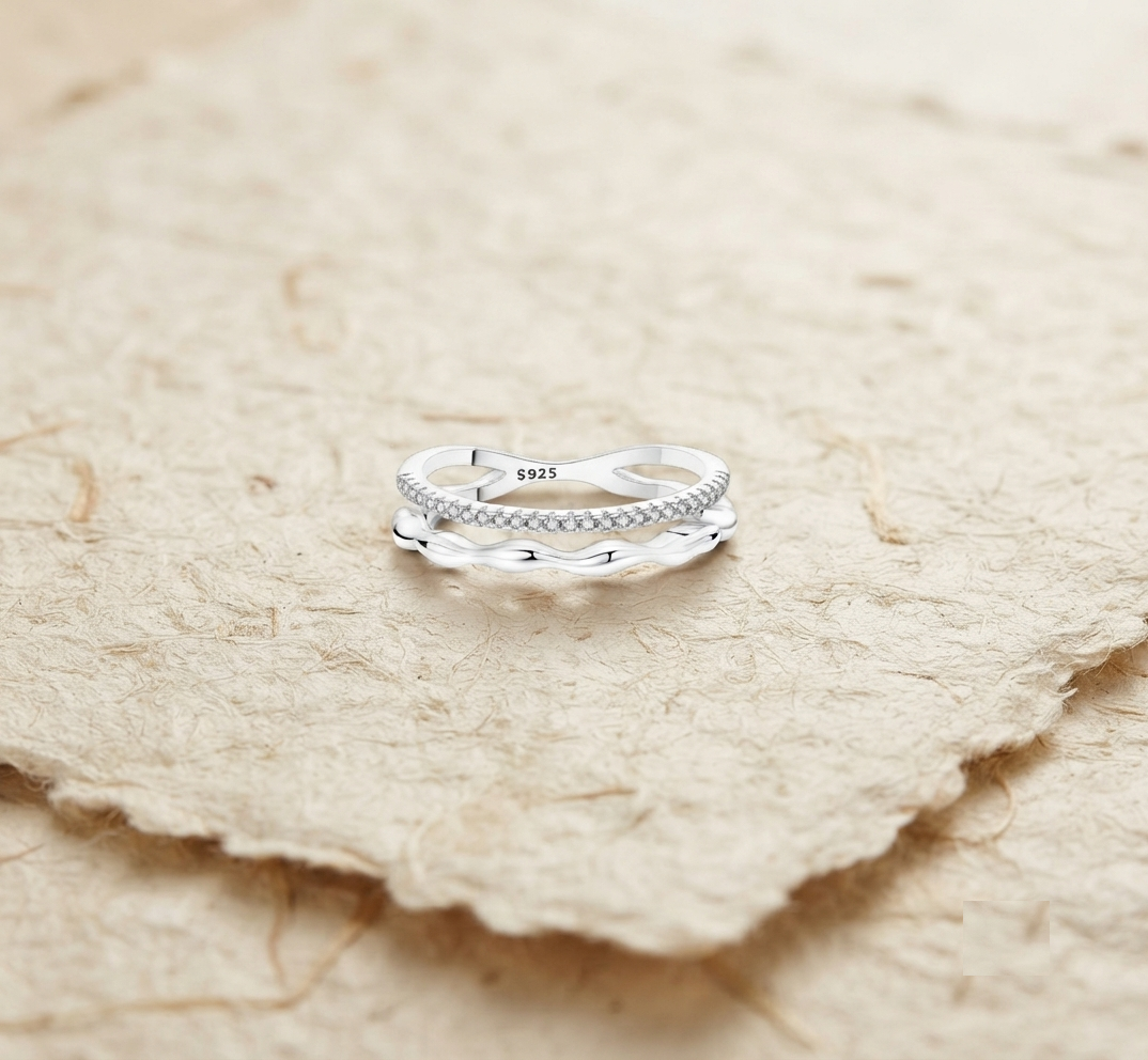 925 Sterling Silver Double Band Ring, Dainty Cubic Zirconia Stackable Ring, Minimalist Wave Ring, Modern Geometric Jewelry, Gift for Her - Image 5