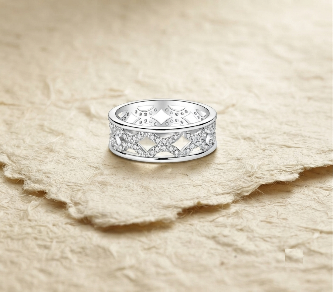 925 Sterling Silver Geometric Band Ring, Pave Diamond Filigree Openwork Ring, Minimalist Statement Band, Dainty Wedding Stackable Ring - Image 5