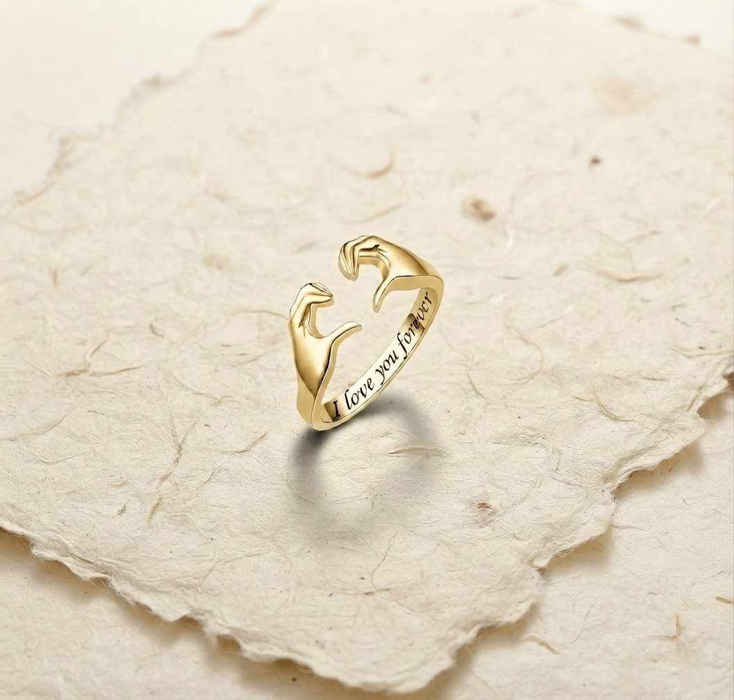 925 Sterling Silver Hugging Hands Ring, Adjustable Open Ring, "I Love You Forever" Engraved Band, Minimalist Dainty Friendship & Couple t