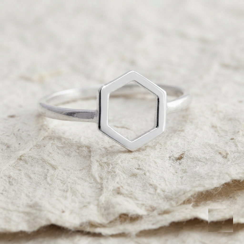 Minimalist Hexagon Ring, 925 Sterling Silver Geometric Ring, Dainty Honeycomb Jewelry, Simple Stackable Band, Minimal Everyday Ring - Image 3