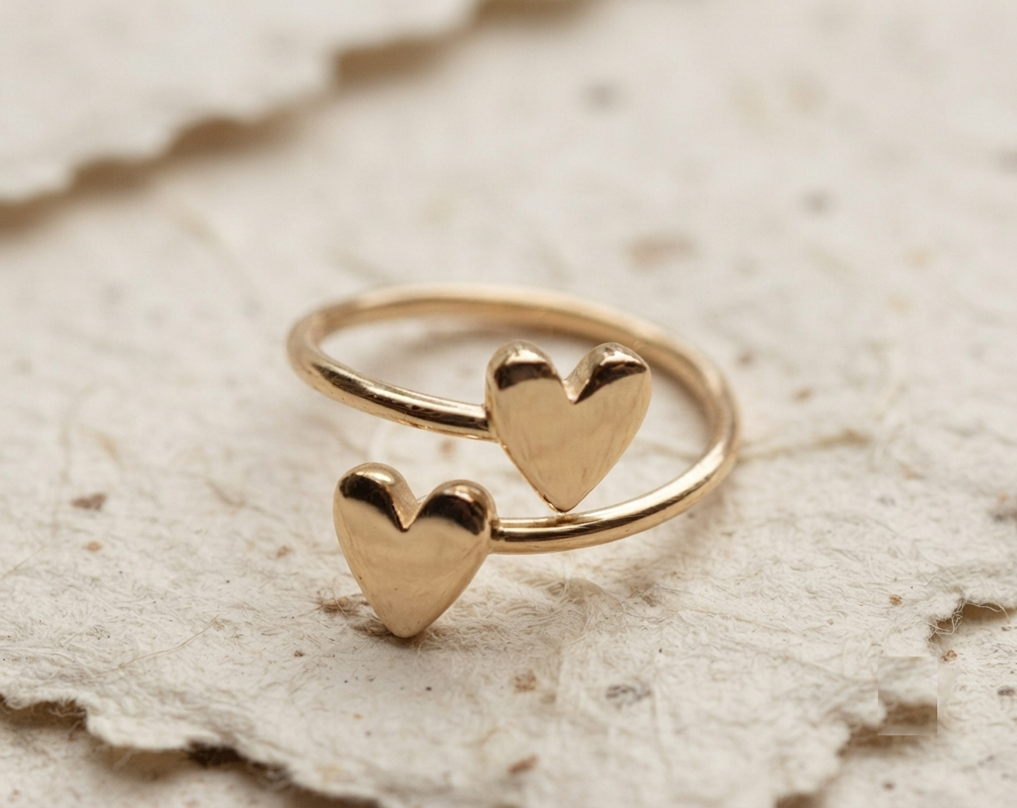 925 Sterling Silver Double Heart Ring, Dainty Open Adjustable Heart Wrap Ring, Minimalist , Cute Valentine Gift for Her, Handmade Jewelry