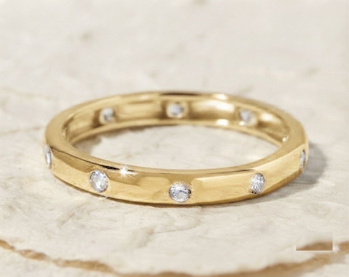 925 Sterling Silver Flush Set Band, Minimalist Stacking Ring, Round CZ Stone Eternity Ring, Dainty Everyday Jewelry, Low ProfileWedding Band