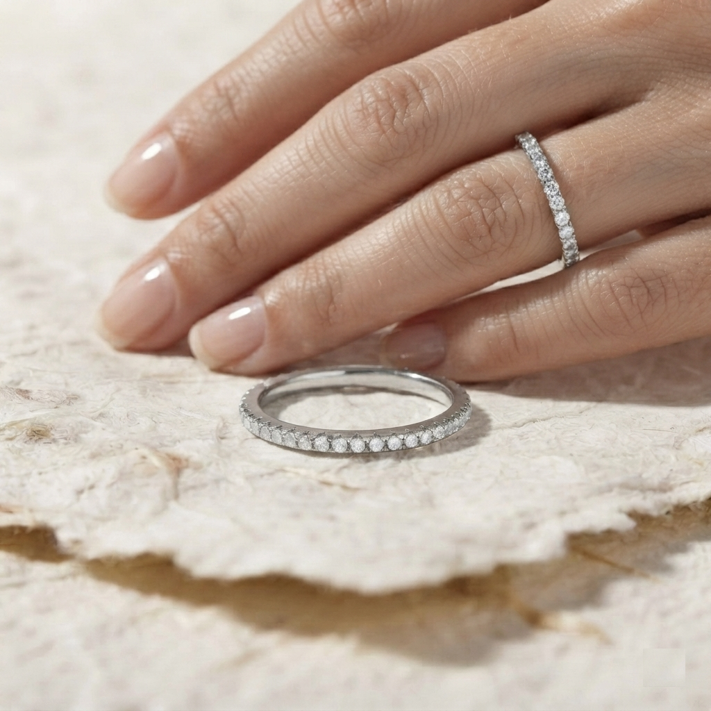 Dainty Eternity Band, 925 Sterling Silver Stacking Ring, Minimalist Full Pavé CZ Wedding Band, Dainty Everyday Jewelry, Minimalist Thin Ring - Image 4