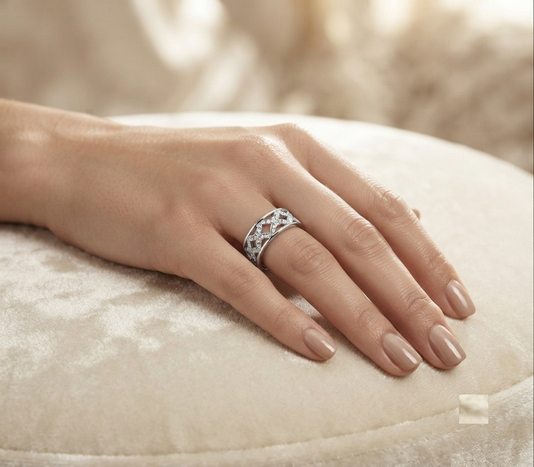 925 Sterling Silver Geometric Band Ring, Pave Diamond Filigree Openwork Ring, Minimalist Statement Band, Dainty Wedding Stackable Ring - Image 4