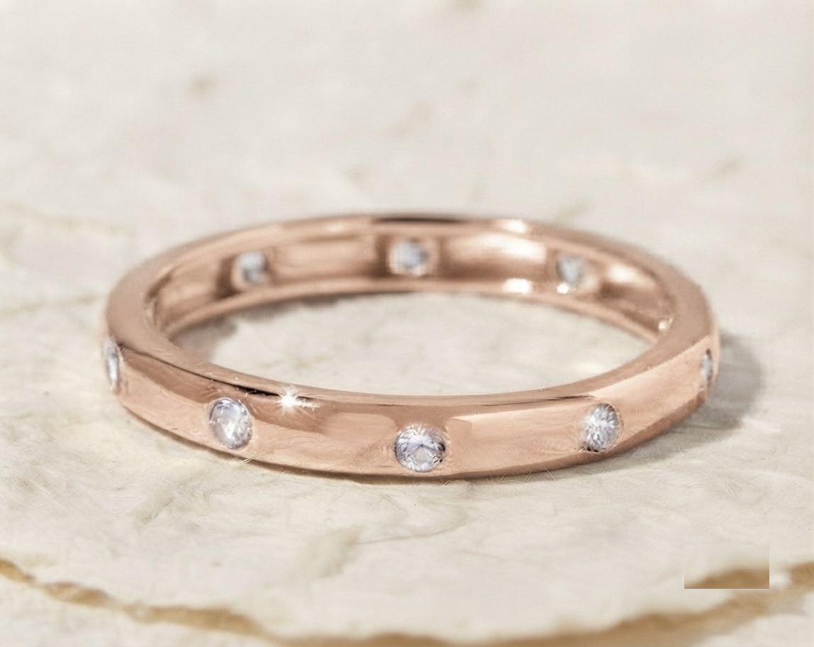 925 Sterling Silver Flush Set Band, Minimalist Stacking Ring, Round CZ Stone Eternity Ring, Dainty Everyday Jewelry, Low ProfileWedding Band - Image 2