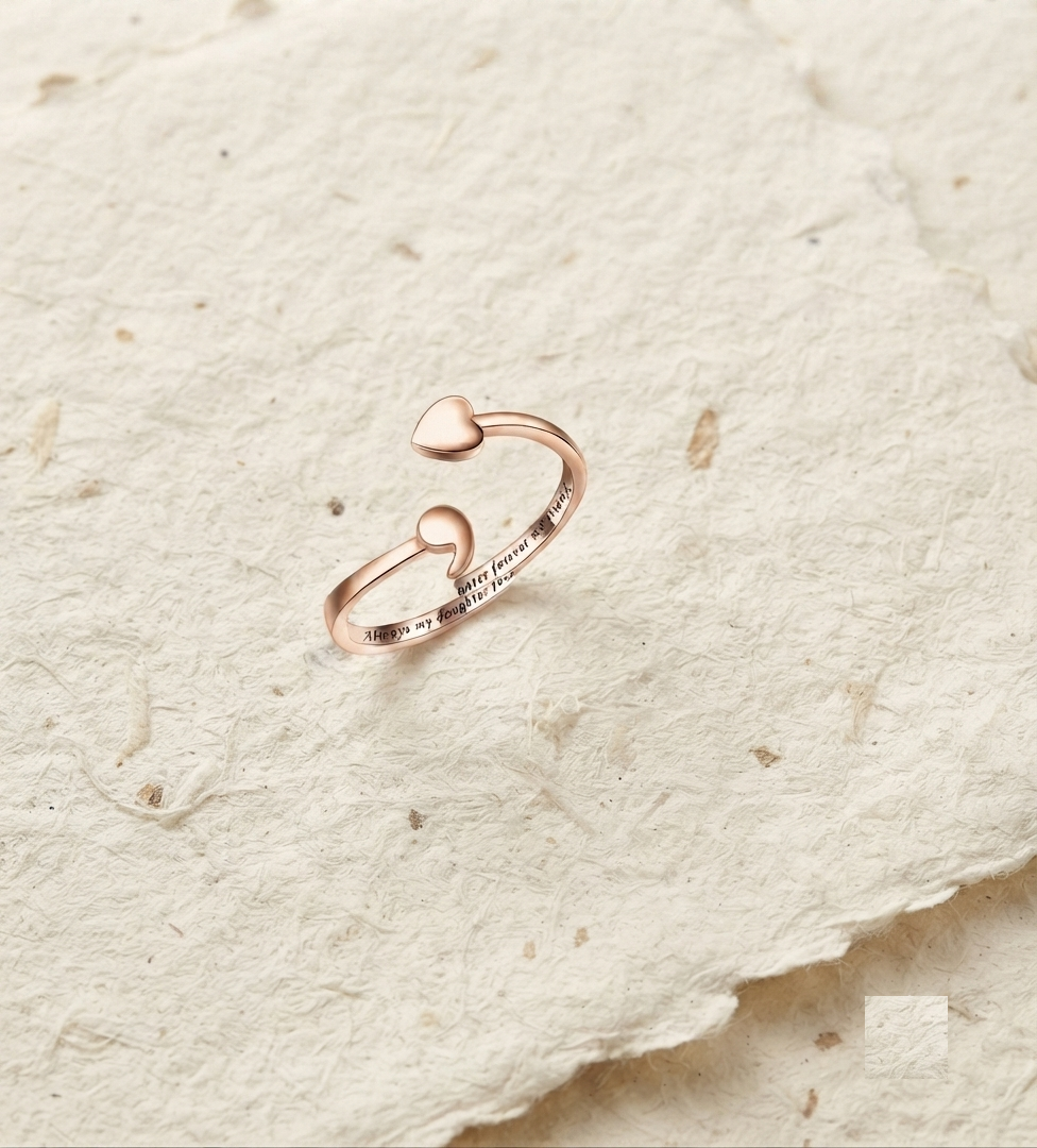 925 Sterling Silver Dainty Heart & Semicolon Adjustable Open Ring, Minimalist Mental Health Awareness Jewelry, Always My Daughter Forever - Image 2