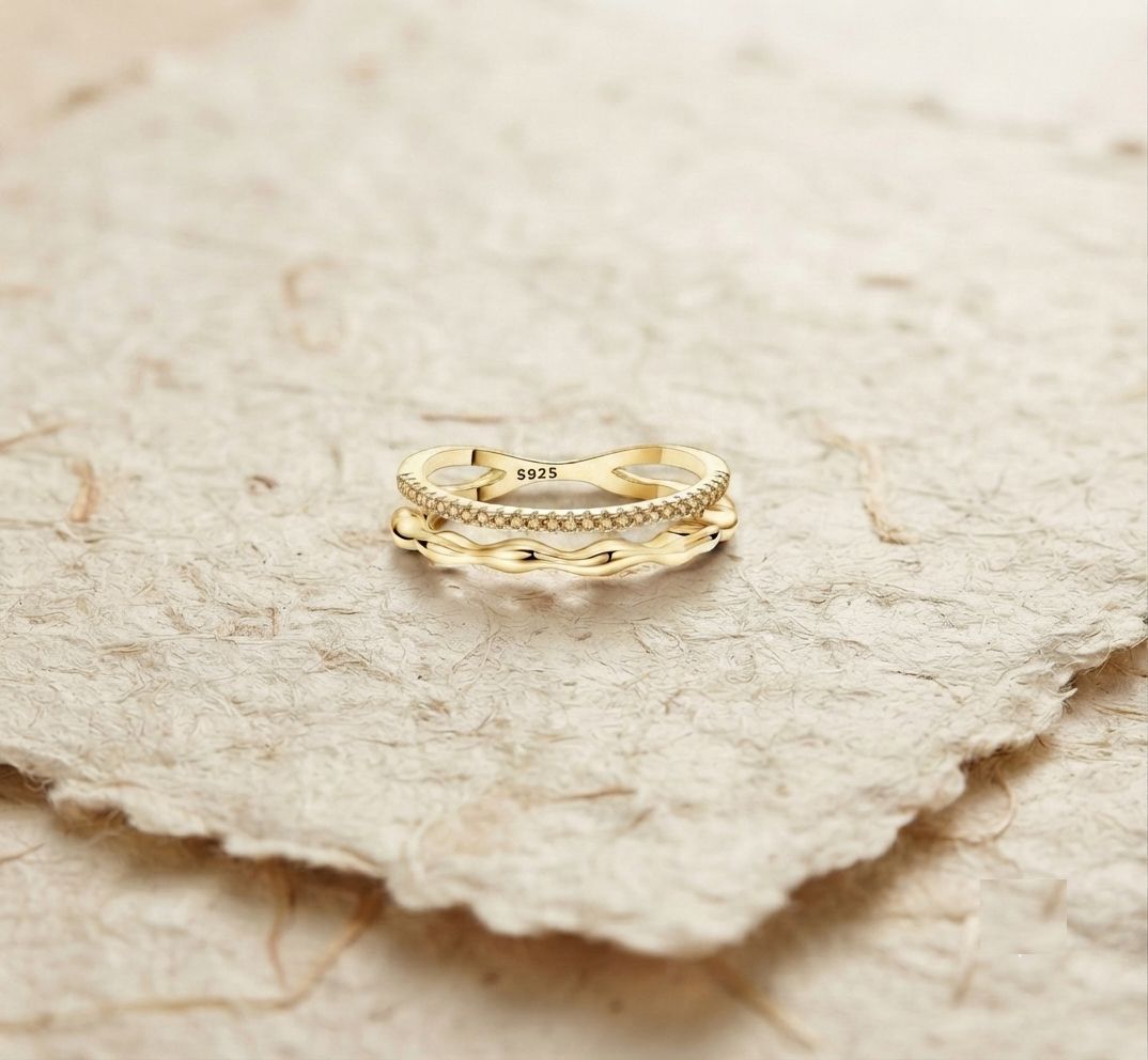 925 Sterling Silver Double Band Ring, Dainty Cubic Zirconia Stackable Ring, Minimalist Wave Ring, Modern Geometric Jewelry, Gift for Her