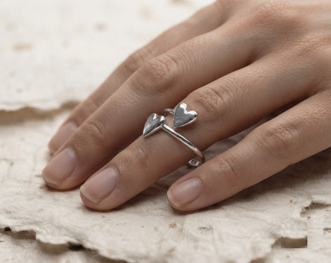 925 Sterling Silver Double Heart Ring, Dainty Open Adjustable Heart Wrap Ring, Minimalist , Cute Valentine Gift for Her, Handmade Jewelry - Image 2