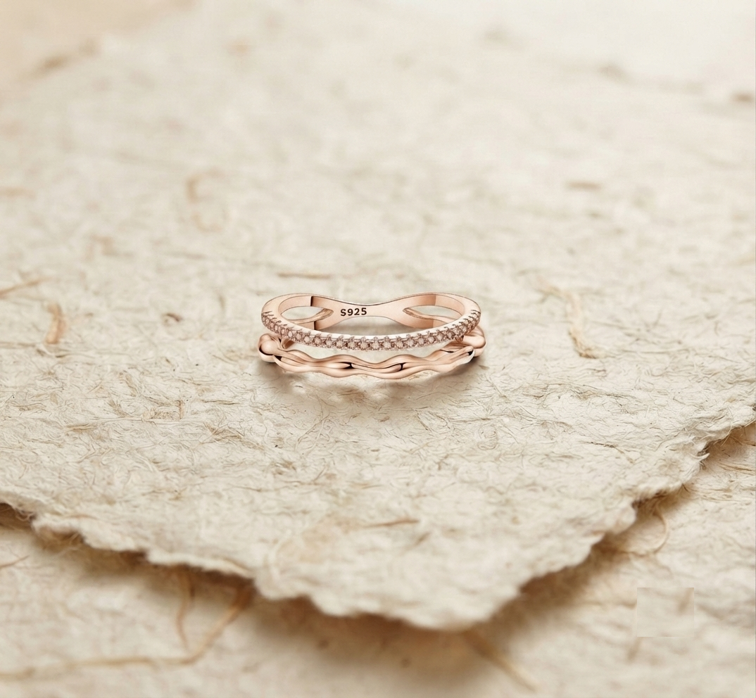 925 Sterling Silver Double Band Ring, Dainty Cubic Zirconia Stackable Ring, Minimalist Wave Ring, Modern Geometric Jewelry, Gift for Her - Image 2