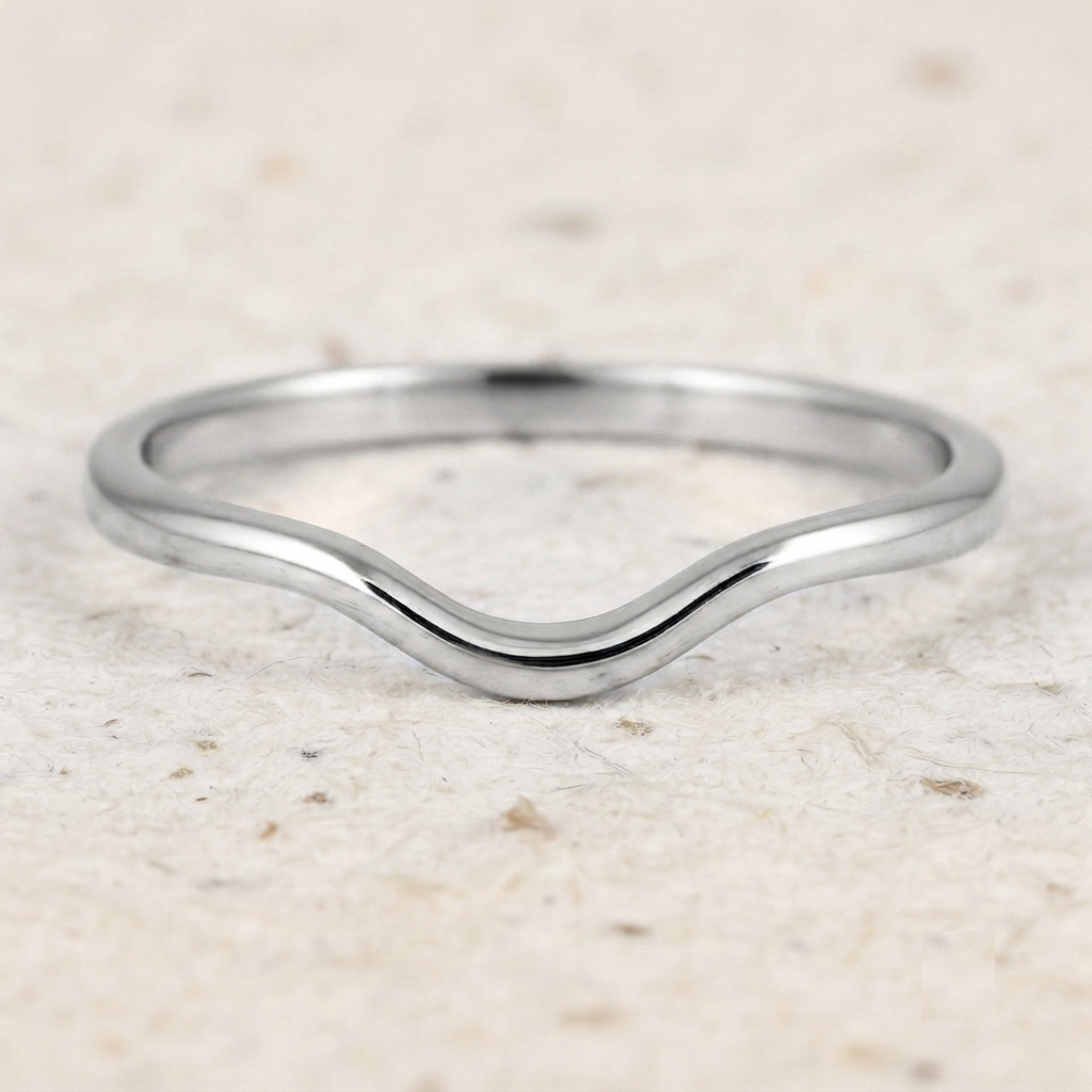 Curved Wedding Band, 925 Sterling Silver Stacking Ring, Minimalist Contour Band, Dainty V Ring, Curved Matching Band for Engagement Ring - Image 3