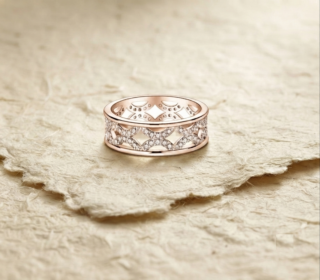 925 Sterling Silver Geometric Band Ring, Pave Diamond Filigree Openwork Ring, Minimalist Statement Band, Dainty Wedding Stackable Ring - Image 2