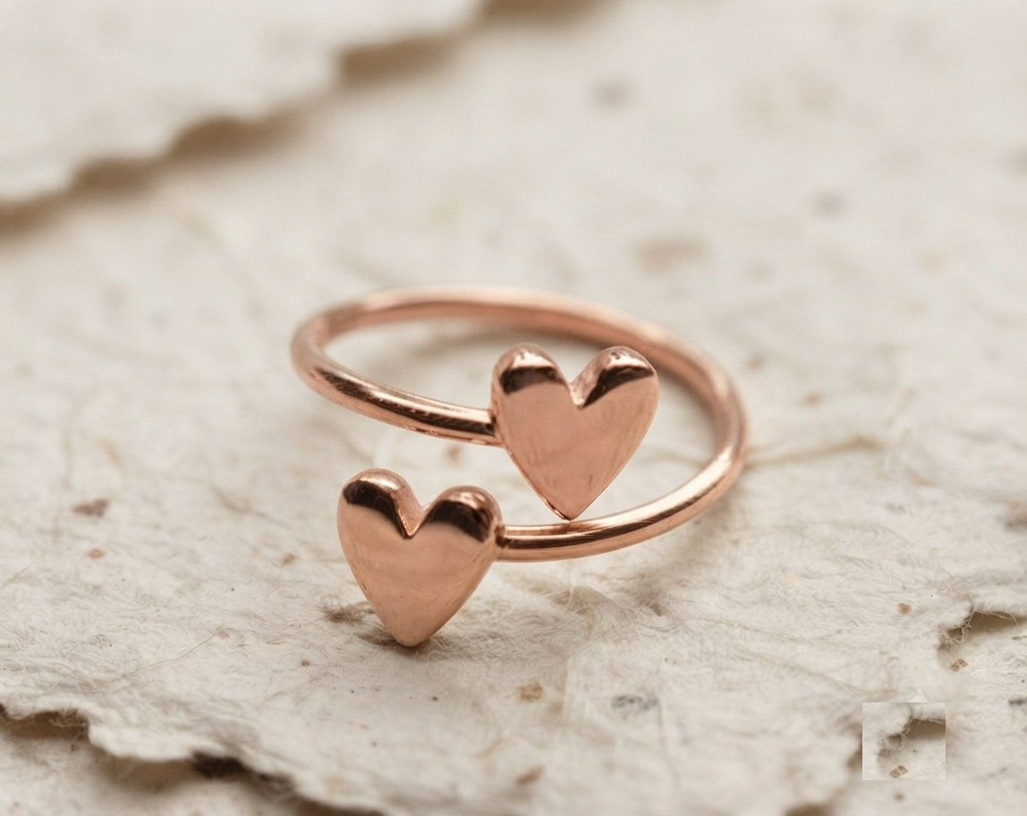 925 Sterling Silver Double Heart Ring, Dainty Open Adjustable Heart Wrap Ring, Minimalist , Cute Valentine Gift for Her, Handmade Jewelry - Image 3