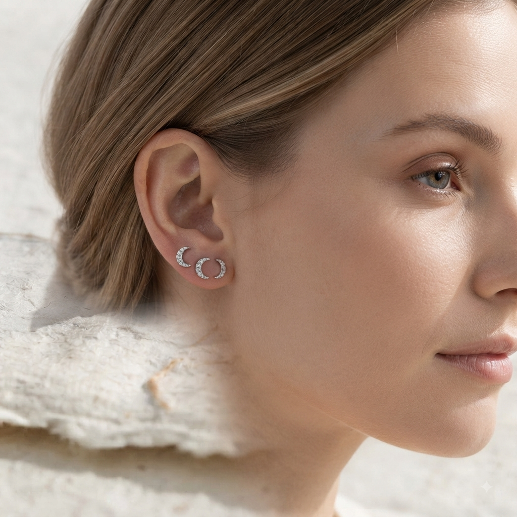 Dainty Moon Stud Earrings, 925 Sterling Silver Crescent Moon Earrings, Minimalist Celestial Jewelry, Pave Diamond CZ Earrings, Gift for Her - Image 2