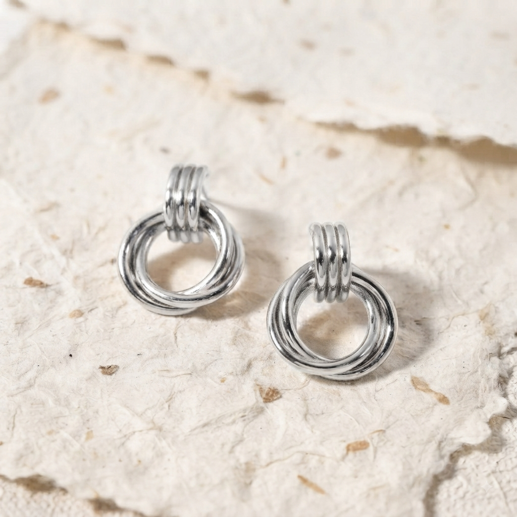Minimalist Silver Hoop Earrings, Interlocking Circle Earrings, Dainty 925 Sterling Silver Drop Earrings, Everyday Modern Geometric Jewelry - Image 4