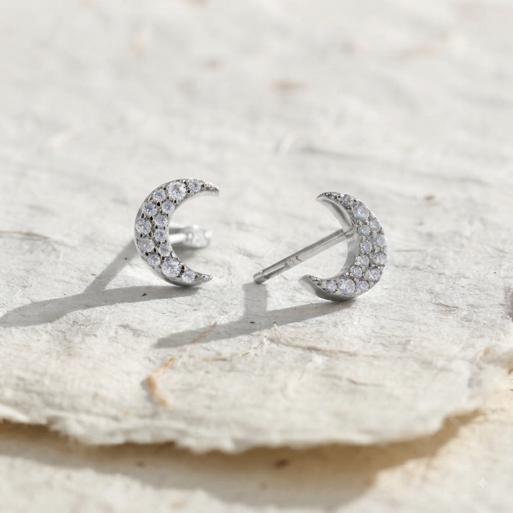 Dainty Moon Stud Earrings, 925 Sterling Silver Crescent Moon Earrings, Minimalist Celestial Jewelry, Pave Diamond CZ Earrings, Gift for Her - Image 5