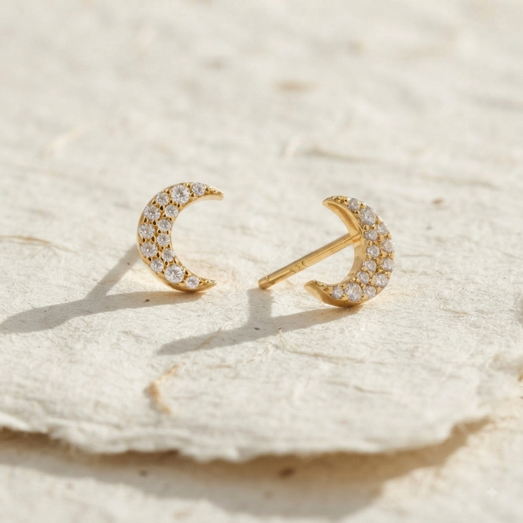 Dainty Moon Stud Earrings, 925 Sterling Silver Crescent Moon Earrings, Minimalist Celestial Jewelry, Pave Diamond CZ Earrings, Gift for Her