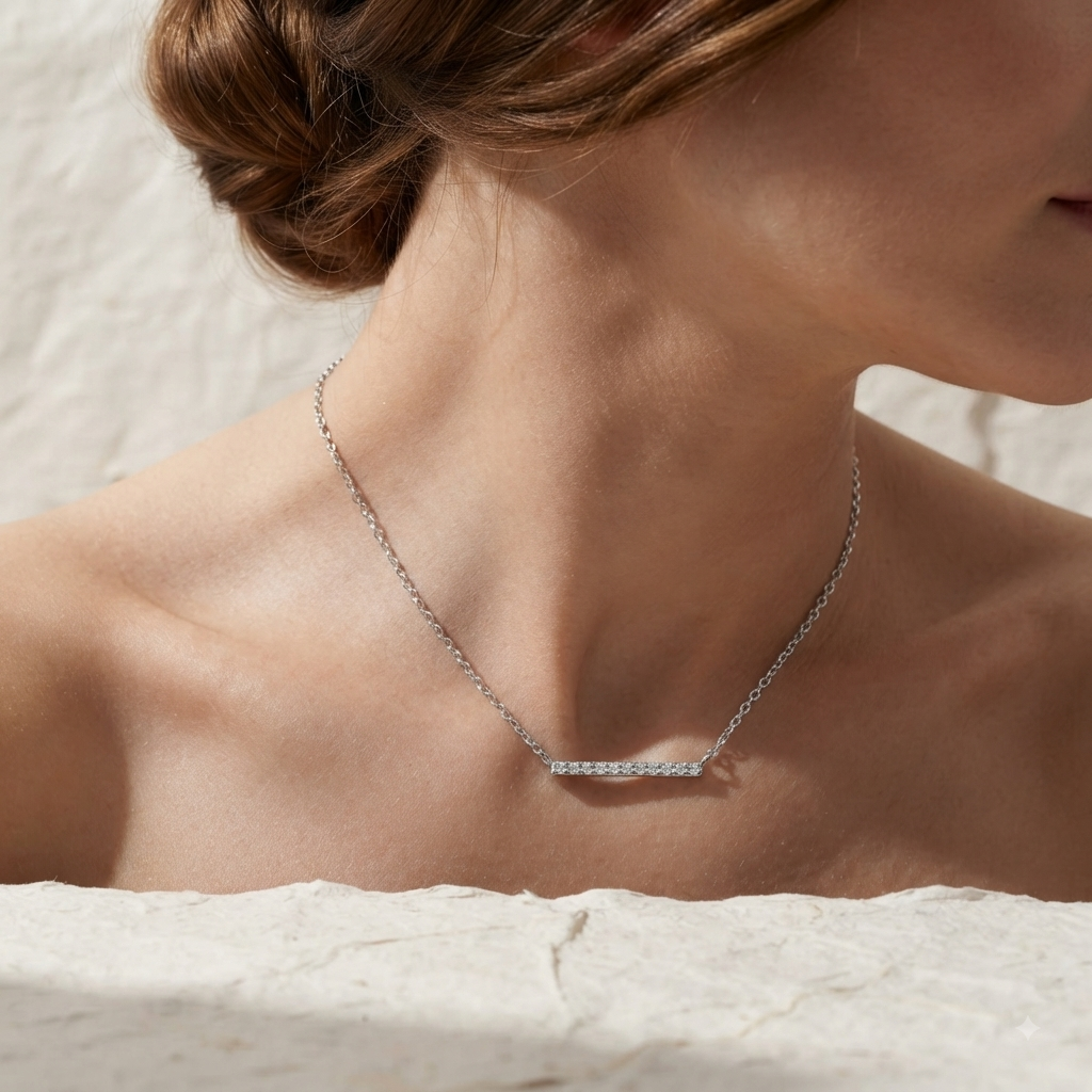 Dainty Bar Necklace, 925 Sterling Silver Necklace, Minimalist Pave Diamond Bar Pendant, Everyday Geometric Jewelry, Dainty Layering Necklace - Image 3
