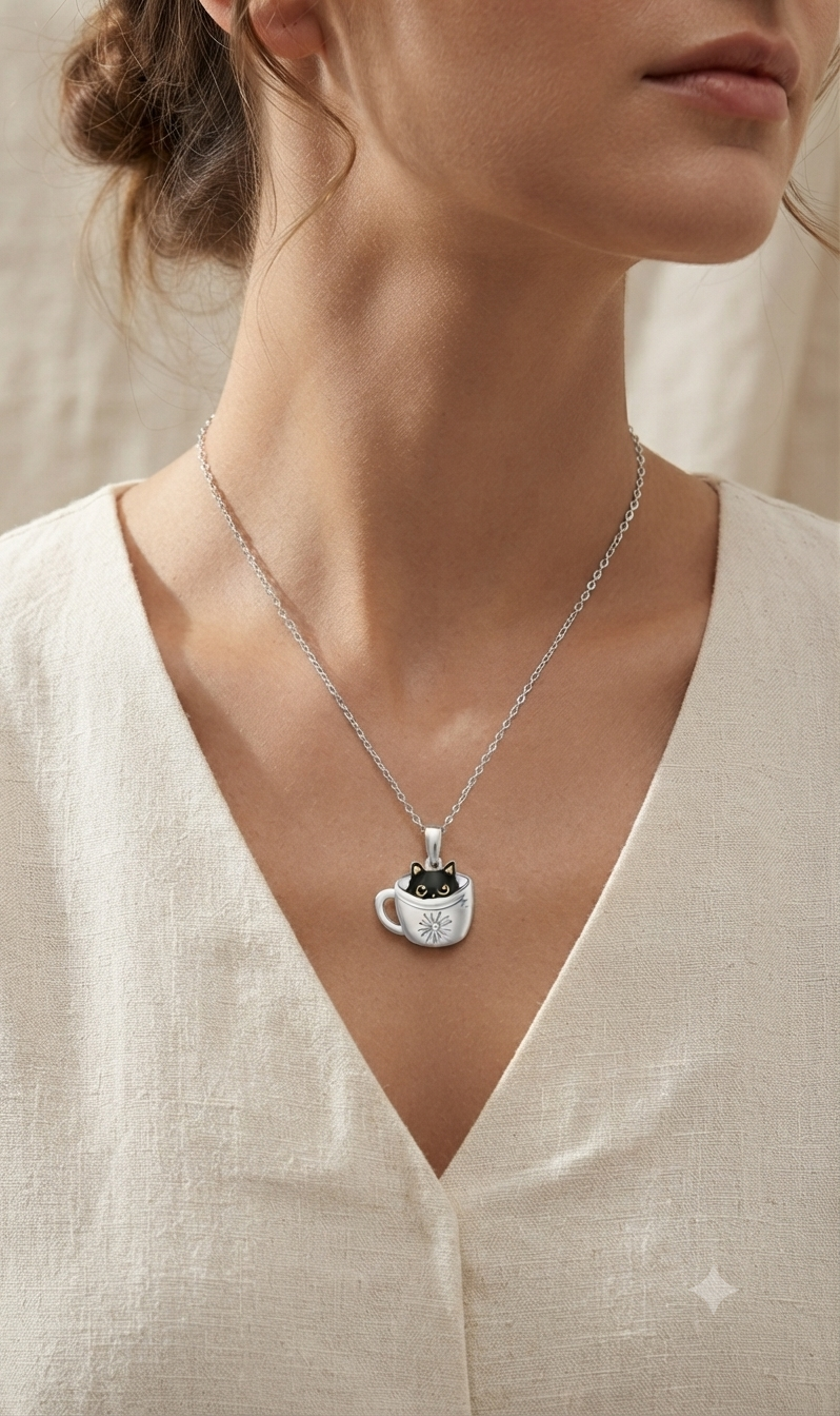 925 Sterling Silver Black Cat in Teacup Necklace, Dainty Daisy Flower Teacup Pendant, Cute Animal Jewelry, Cat Lover Gift, Minimalist Charm - Image 5