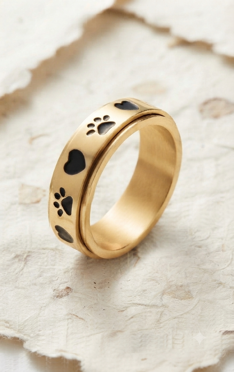 Handmade 925 Sterling Silver Spinner Ring, Paw Print and Heart Fidget Ring, Anxiety Relief Jewelry, Animal Lover Gift, Minimalist Band