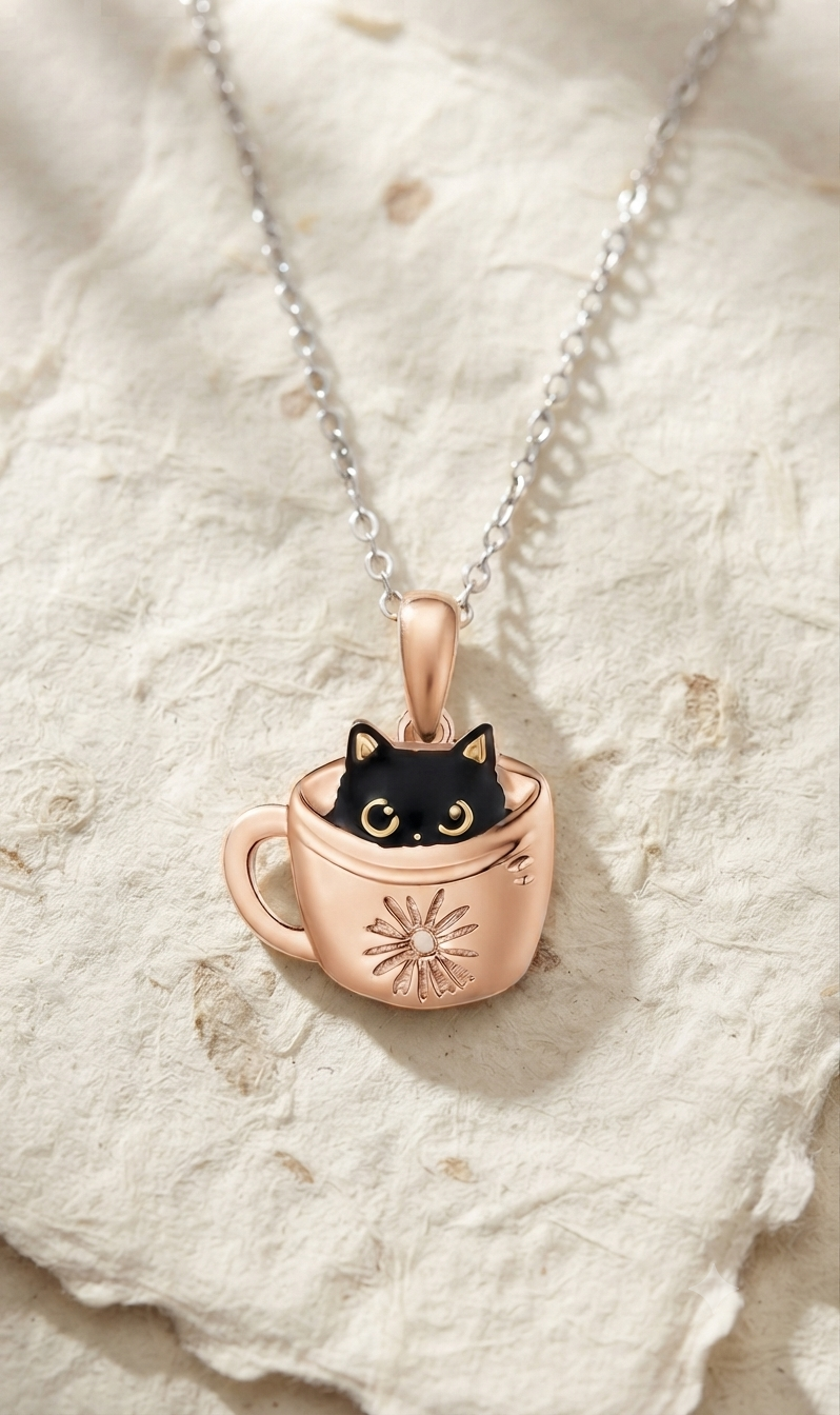 925 Sterling Silver Black Cat in Teacup Necklace, Dainty Daisy Flower Teacup Pendant, Cute Animal Jewelry, Cat Lover Gift, Minimalist Charm - Image 4