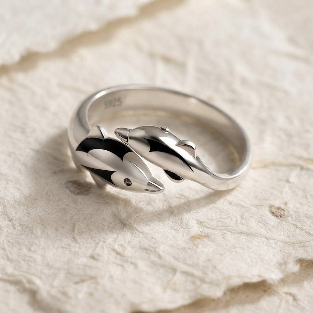 925 Sterling Silver Dolphin Ring, Dainty Double Dolphin Wrap Ring, Minimalist Ocean Animal Band, Cute Marine Life Jewelry, Adjustable Ring - Image 2