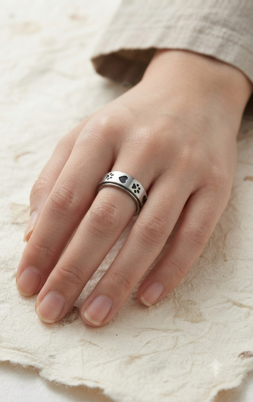 Handmade 925 Sterling Silver Spinner Ring, Paw Print and Heart Fidget Ring, Anxiety Relief Jewelry, Animal Lover Gift, Minimalist Band - Image 3