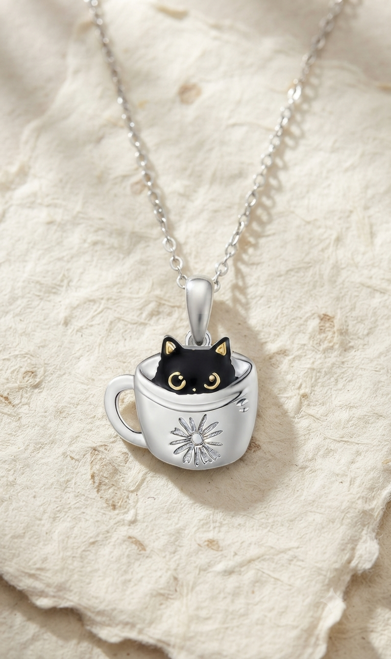 925 Sterling Silver Black Cat in Teacup Necklace, Dainty Daisy Flower Teacup Pendant, Cute Animal Jewelry, Cat Lover Gift, Minimalist Charm - Image 3