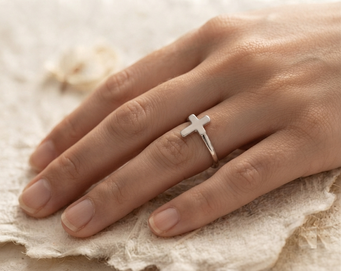 Dainty Cross Ring, 925 Sterling Silver Ring, Minimalist Faith Jewelry, Small Sideways Cross Band, Christian Gift for Women, Delicate - Image 4