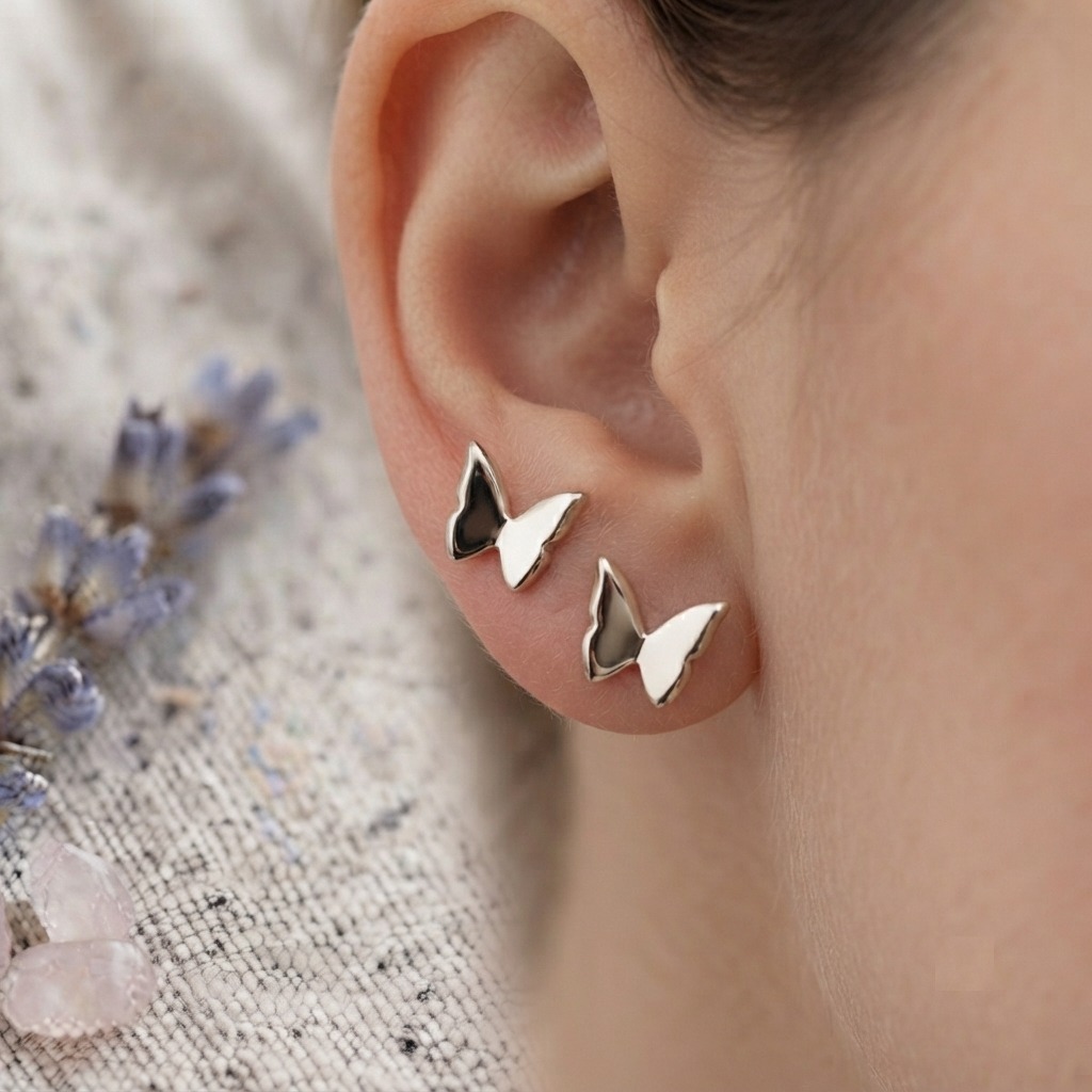 Minimalist Butterfly Stud Earrings, 925 Sterling Silver Gold Plated Dainty Butterfly Studs, Tiny Everyday Earrings for Women, Nature Jewelry - Image 2