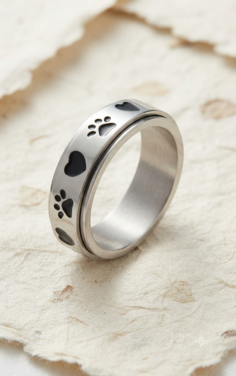 Handmade 925 Sterling Silver Spinner Ring, Paw Print and Heart Fidget Ring, Anxiety Relief Jewelry, Animal Lover Gift, Minimalist Band - Image 2