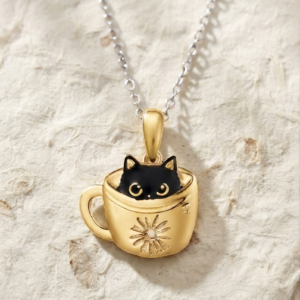 925 Sterling Silver Black Cat in Teacup Necklace, Dainty Daisy Flower Teacup Pendant, Cute Animal Jewelry, Cat Lover Gift, Minimalist Charm