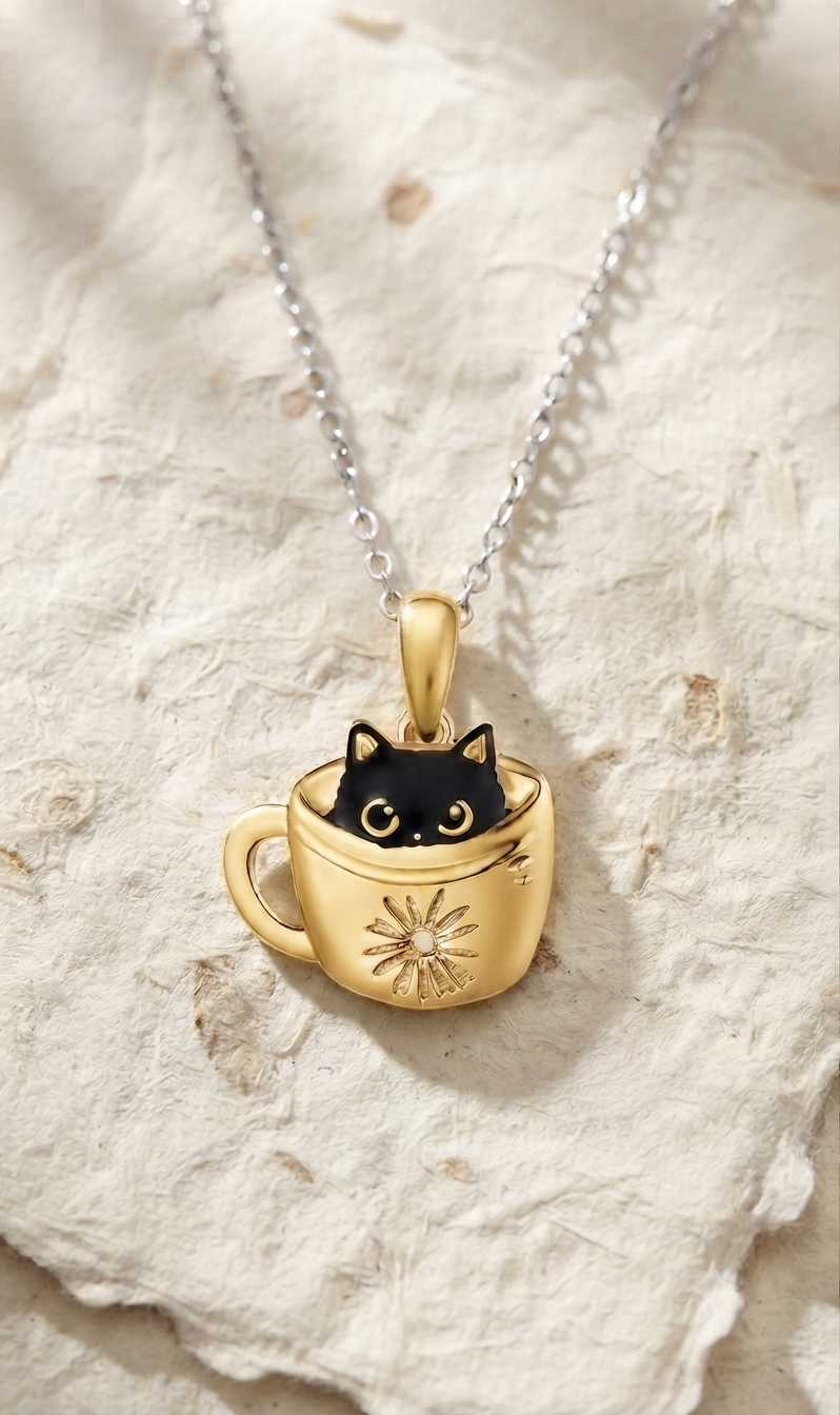 925 Sterling Silver Black Cat in Teacup Necklace, Dainty Daisy Flower Teacup Pendant, Cute Animal Jewelry, Cat Lover Gift, Minimalist Charm