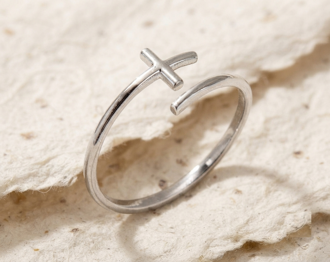 Dainty Cross Ring, 925 Sterling Silver Ring, Minimalist Adjustable Wrap Ring, Christian Faith JewelryDainty Religious Ring, Small Cross Band - Image 3