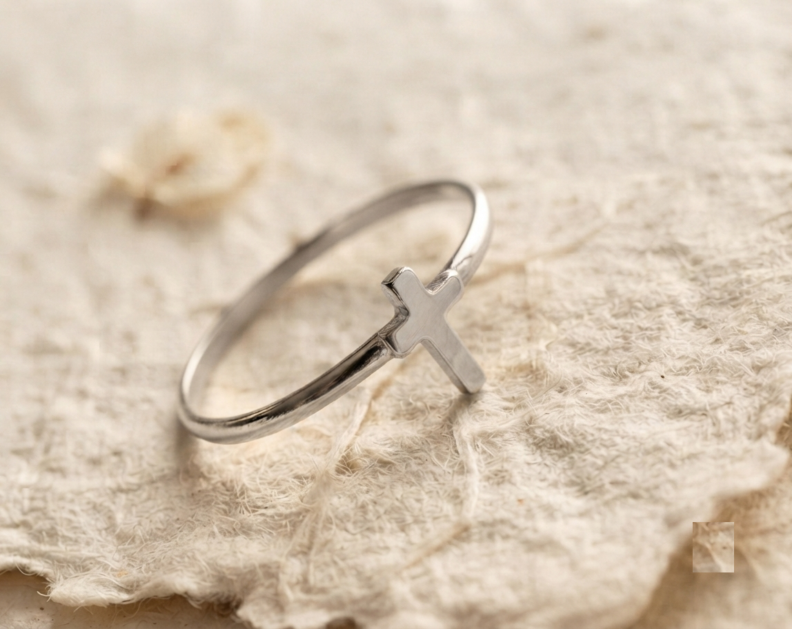 Dainty Cross Ring, 925 Sterling Silver Ring, Minimalist Faith Jewelry, Small Sideways Cross Band, Christian Gift for Women, Delicate - Image 2
