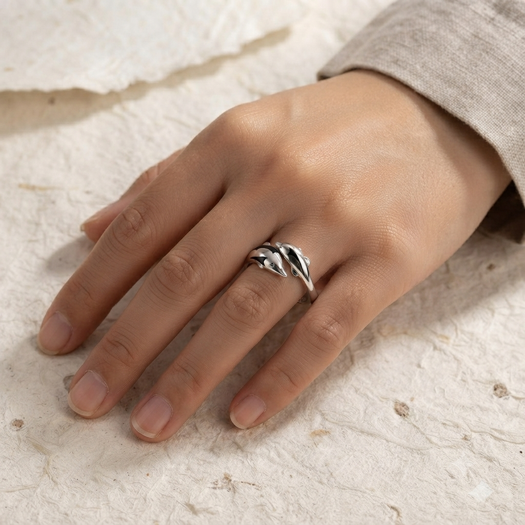 925 Sterling Silver Dolphin Ring, Dainty Double Dolphin Wrap Ring, Minimalist Ocean Animal Band, Cute Marine Life Jewelry, Adjustable Ring - Image 5